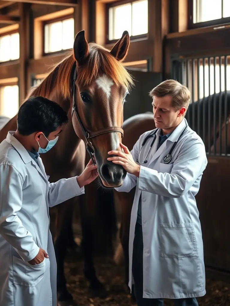 A veterinarian examining a horse after an endurance ride, emphasizing the importance of horse welfare and care in the association's activities.
