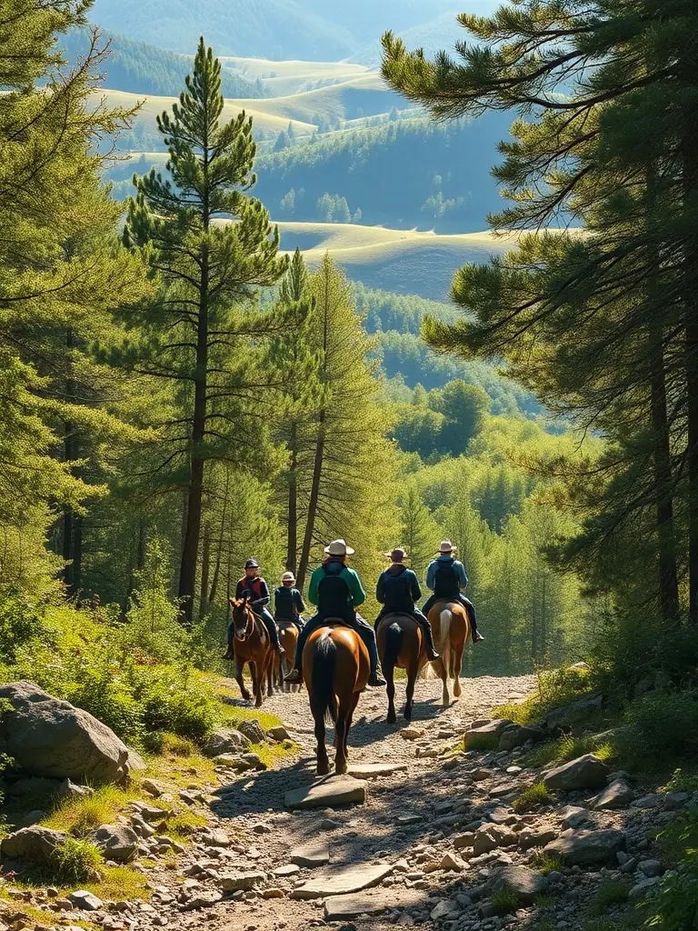 A scenic shot of endurance riders traversing a challenging trail in the Cantal region, highlighting the beauty of the natural landscape and the adventurous spirit of endurance riding.