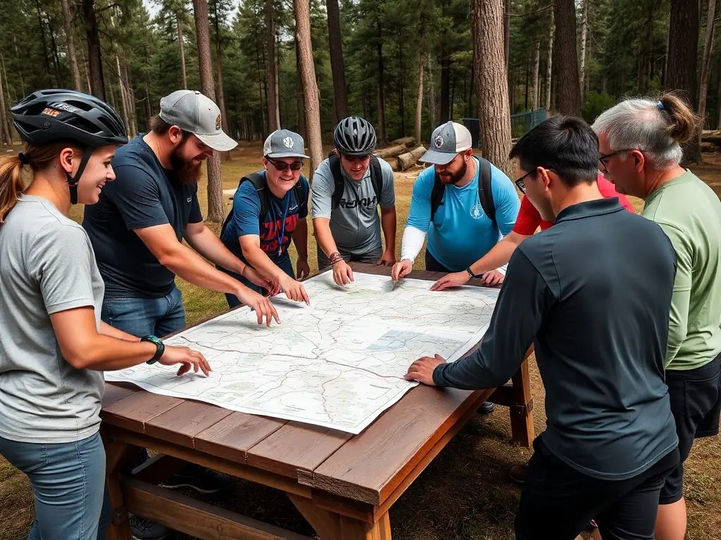 A group of riders and volunteers gathered around a map, planning the route for an upcoming endurance ride, highlighting the community aspect of the sport.