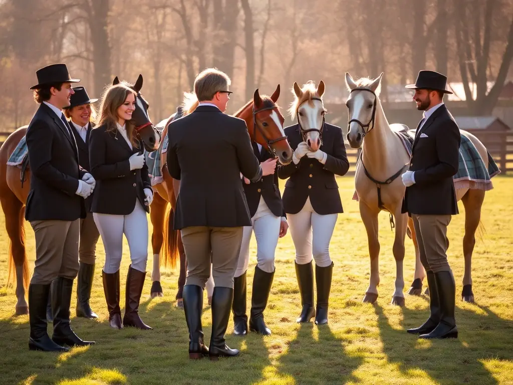 A heartwarming image of a group of endurance riders and their horses gathered at a checkpoint, sharing stories and supporting each other, highlighting the strong sense of community.