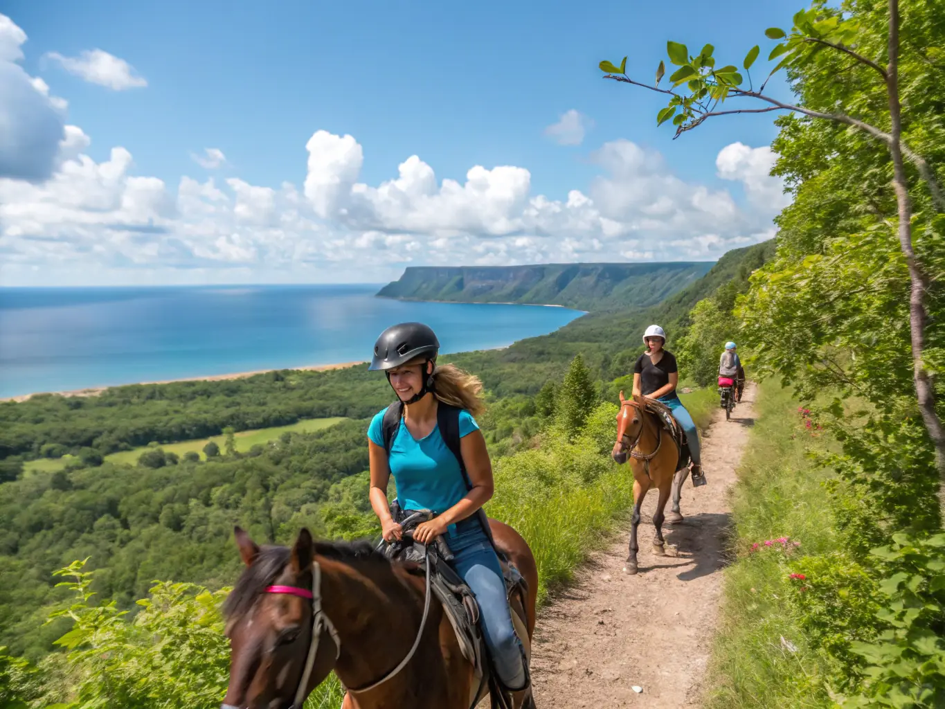 A vibrant image of riders participating in an endurance riding event through the scenic landscapes of Cantal, France, showcasing the energy and beauty of the sport.