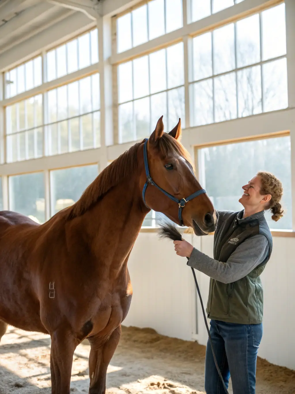 An image of a well-maintained horse, highlighting its health and fitness, with a focus on the care and attention provided by its rider.
