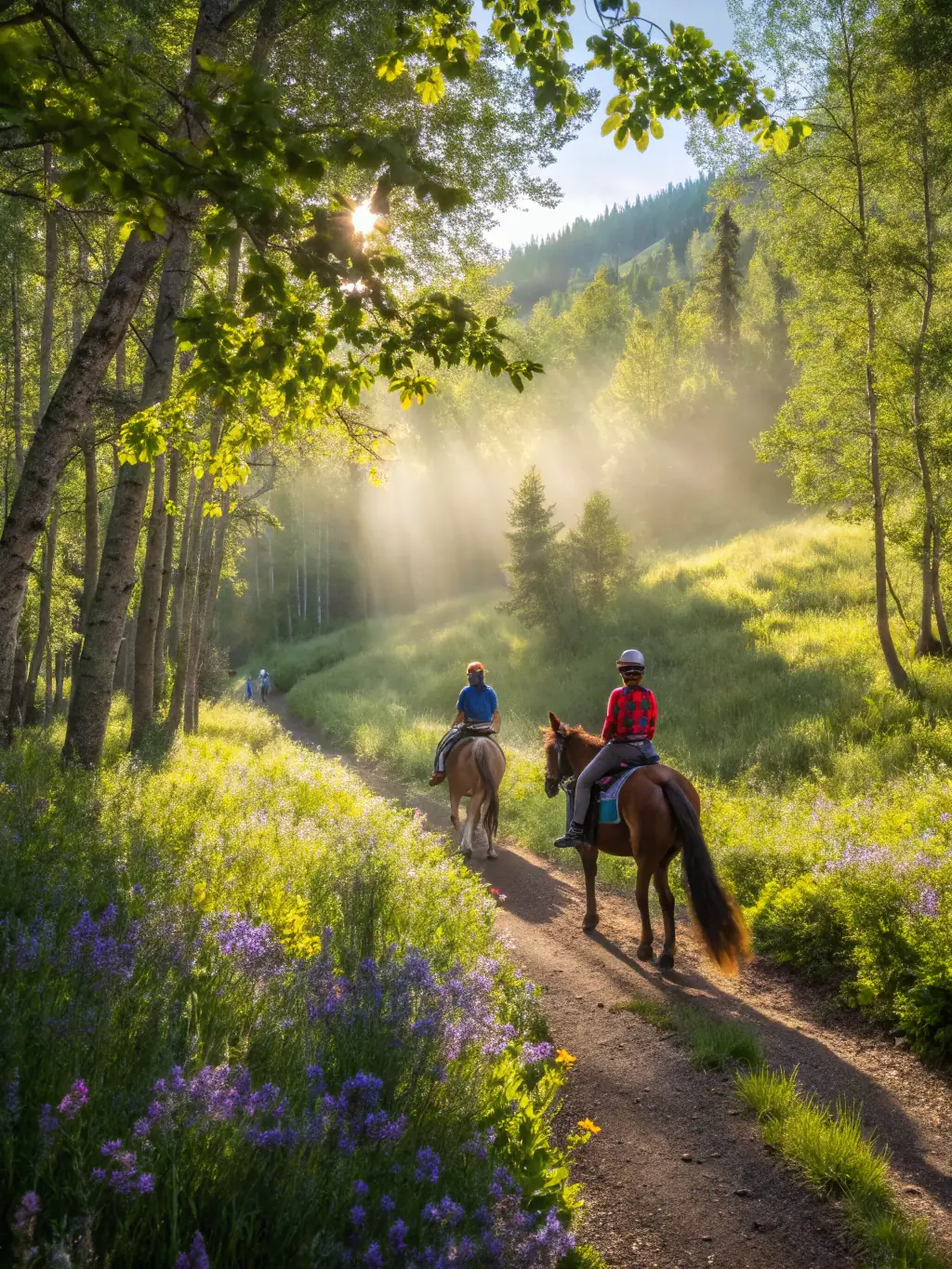 A scenic shot of a group of riders and their horses traversing a marked trail during an organized endurance raid in the Cantal mountains.