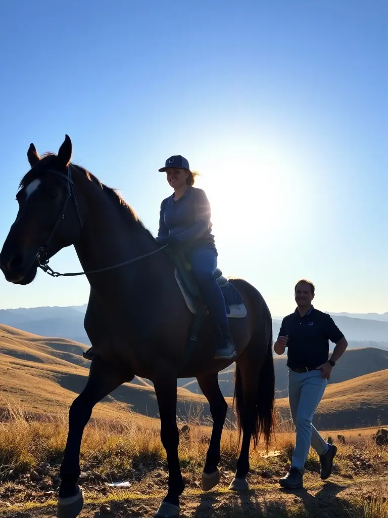 A photograph capturing a group of endurance riders and their horses during a training session in the Cantal mountains, showcasing the dedication and teamwork involved in preparing for endurance raids.