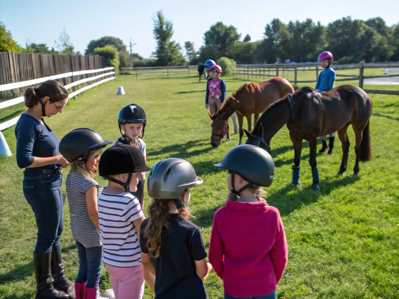 A heartwarming image of ASSOCIATION DES CAVALIERS D'ENDURANCE DU CANTAL members interacting with children during an equestrian demonstration at a local school, promoting interest in equestrian sports.