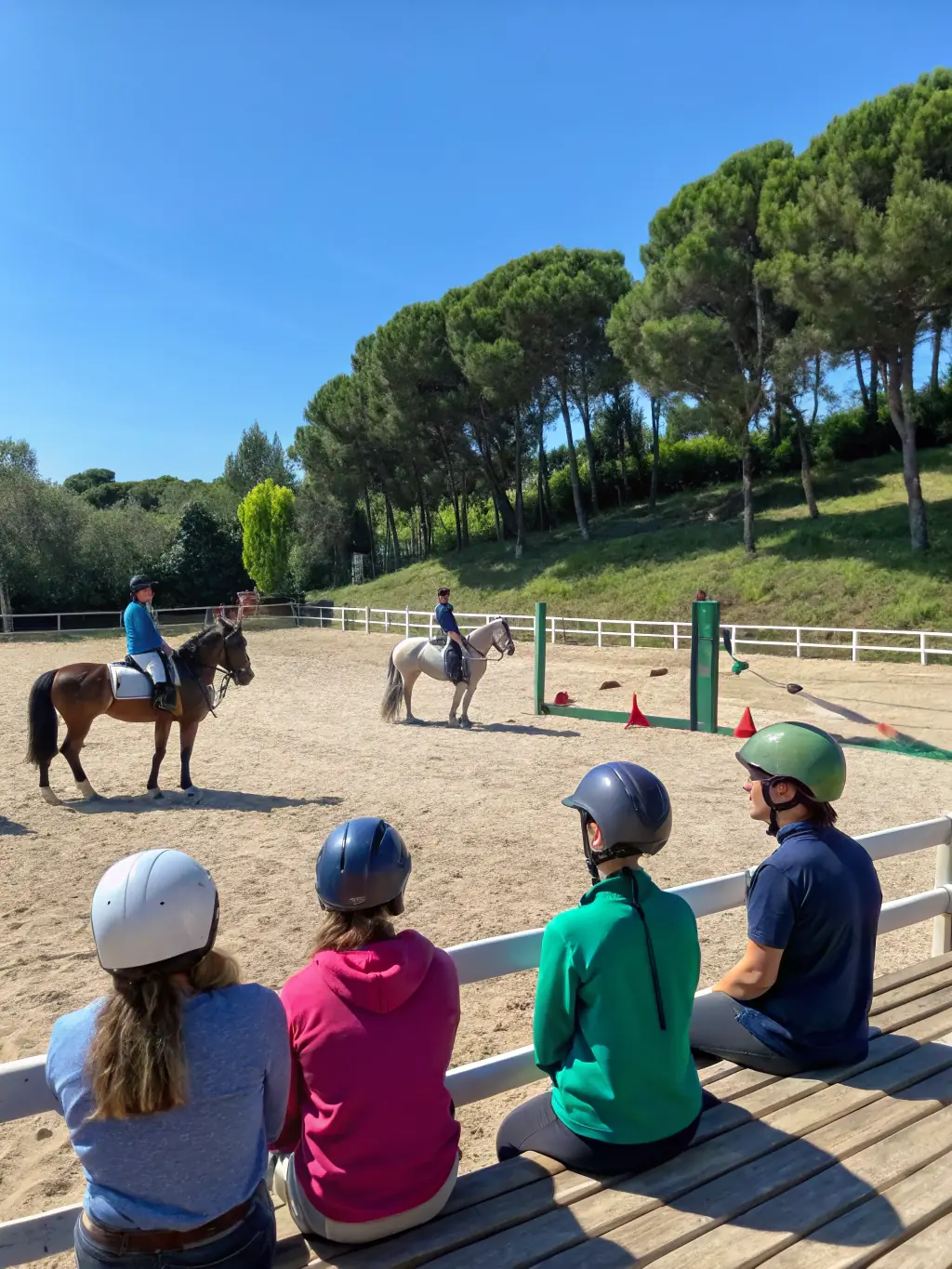 A vibrant image of riders and horses participating in an endurance riding clinic in the Cantal region, showcasing participants learning about horse care and riding techniques.