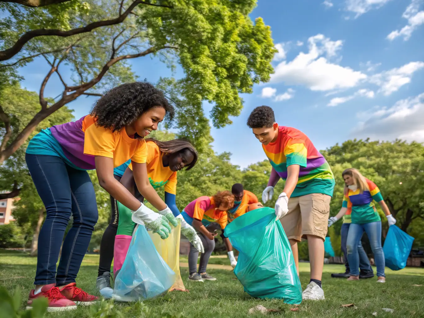 A vibrant photograph capturing volunteers from ASSOCIATION DES CAVALIERS D'ENDURANCE DU CANTAL cleaning up a local trail, showcasing their commitment to environmental stewardship and community involvement.