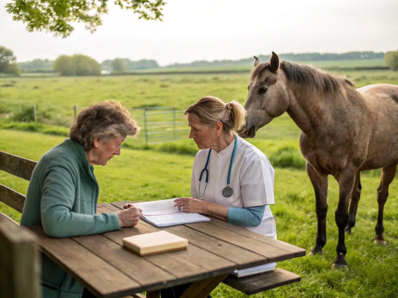 A focused image of a veterinarian checking a horse's vitals during an endurance ride, emphasizing the importance of horse welfare and veterinary care in the sport.