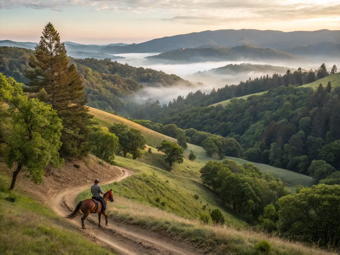 A vibrant image of an endurance rider and their horse navigating a scenic trail during a competition, showcasing the physical exertion and natural beauty of the sport.
