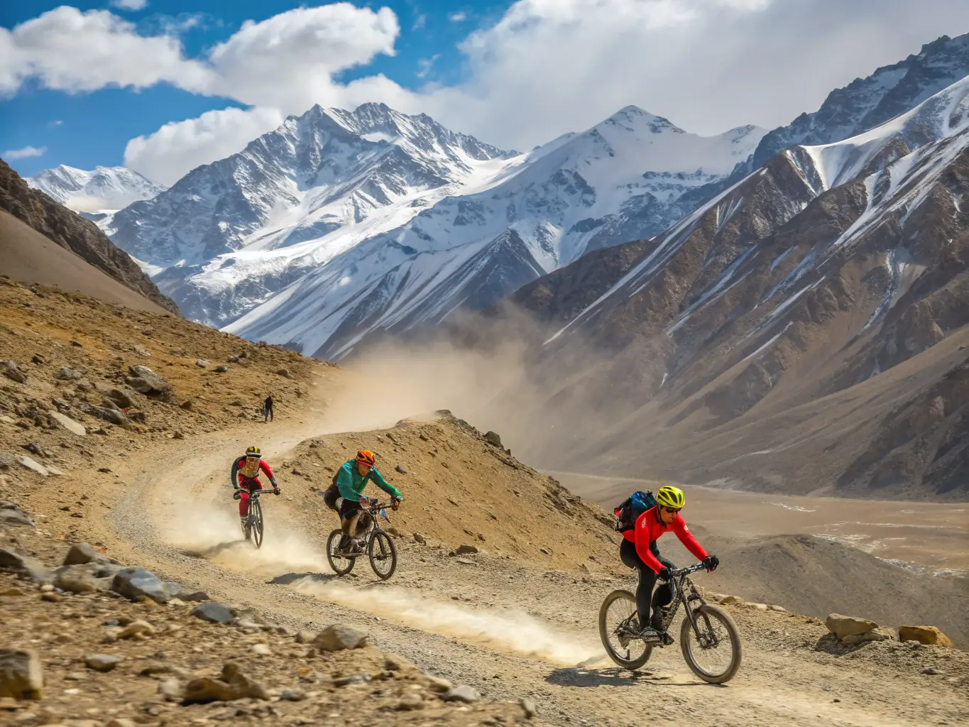 A dynamic shot of endurance riders and their horses navigating a challenging trail during a past event, showcasing the excitement and camaraderie of endurance riding.